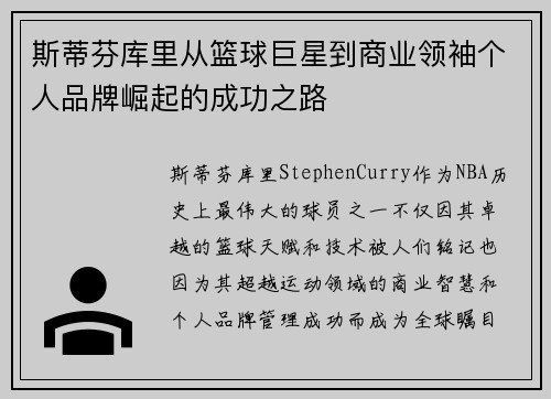 斯蒂芬库里从篮球巨星到商业领袖个人品牌崛起的成功之路