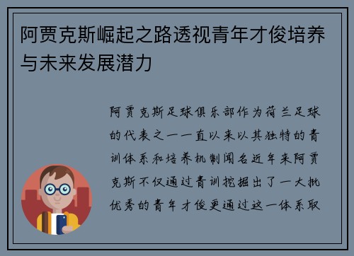 阿贾克斯崛起之路透视青年才俊培养与未来发展潜力 阿贾克斯崛起之路透视青年才俊培养与未来发展潜力